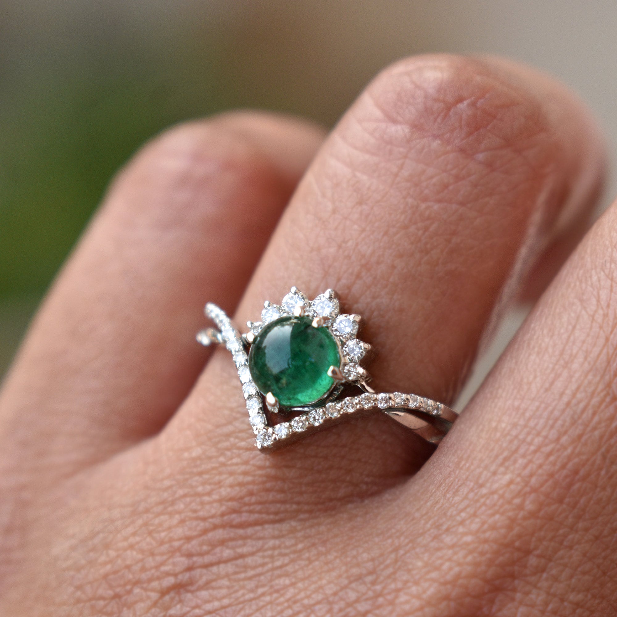Cabochon Green Emerald CROSSOVER Wedding Ring Set, 14K 18k Solid Gold 2pc Bridal Engagement Set, Chevron V Wedding Band, Half Halo Ring