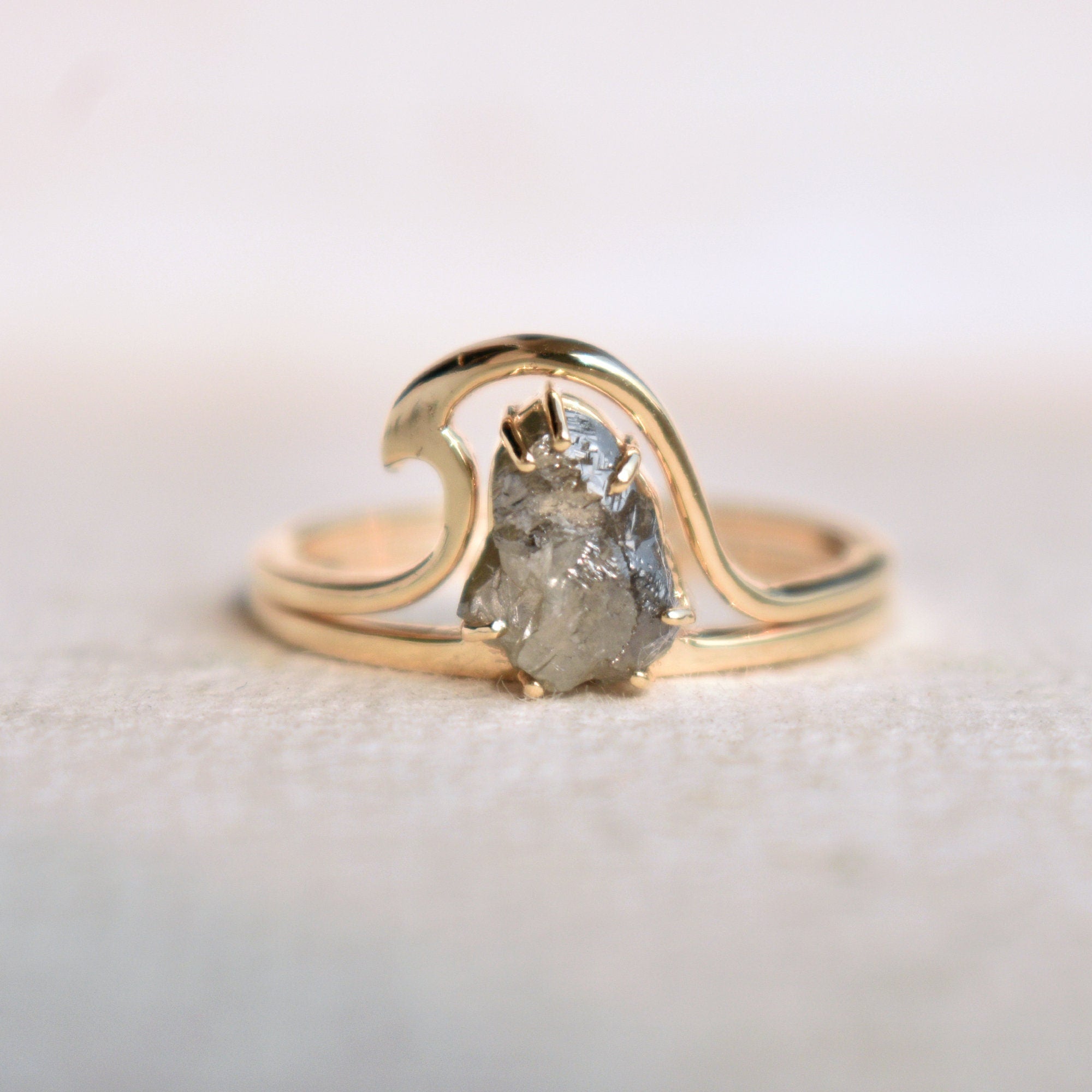 Gray Rough Diamond Wave Ring Set, 14K Solid Yellow Gold Rings, Ocean Tide Current Ring, Wave Surfer Proposal Engagement Ring, Ready to Ship