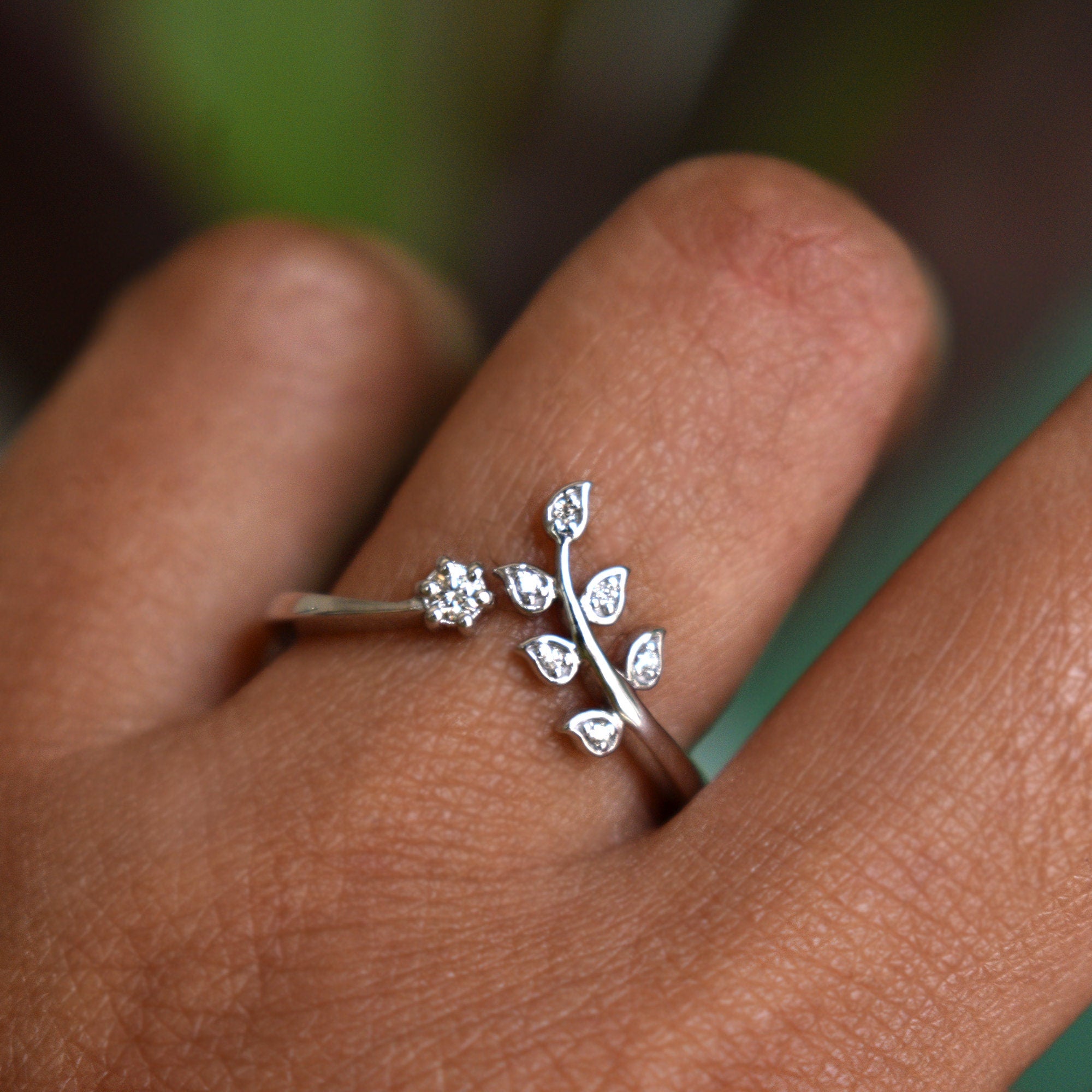 Vine Leaf Chevron Wedding Band, Nature Inspired Diamond V Ring, 14k 18k Solid Gold Bridal Stack Ring