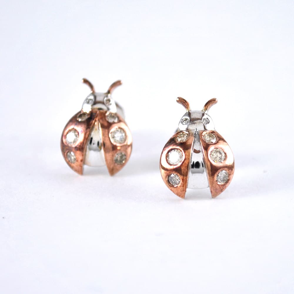 Ladybug Earrings in Sterling Silver, Natural Diamonds Insect Nature Jewelry, Two Tone Ear Stud, Christmas Gifts